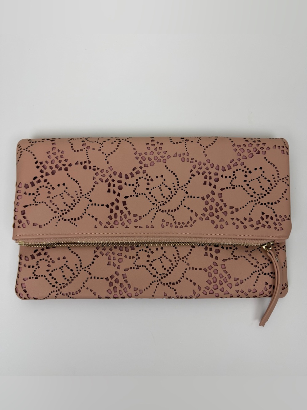 Urban Expressions Blush Pink Laser Cut Floral Foldover Clutch Bag Gold Zip
